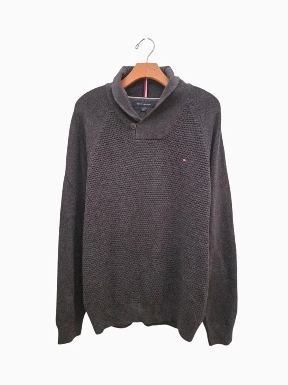 Tommy Hilfiger Waffle Knit Shawl-Collar Pullover Cotton Sweater Gray Men's Sz L